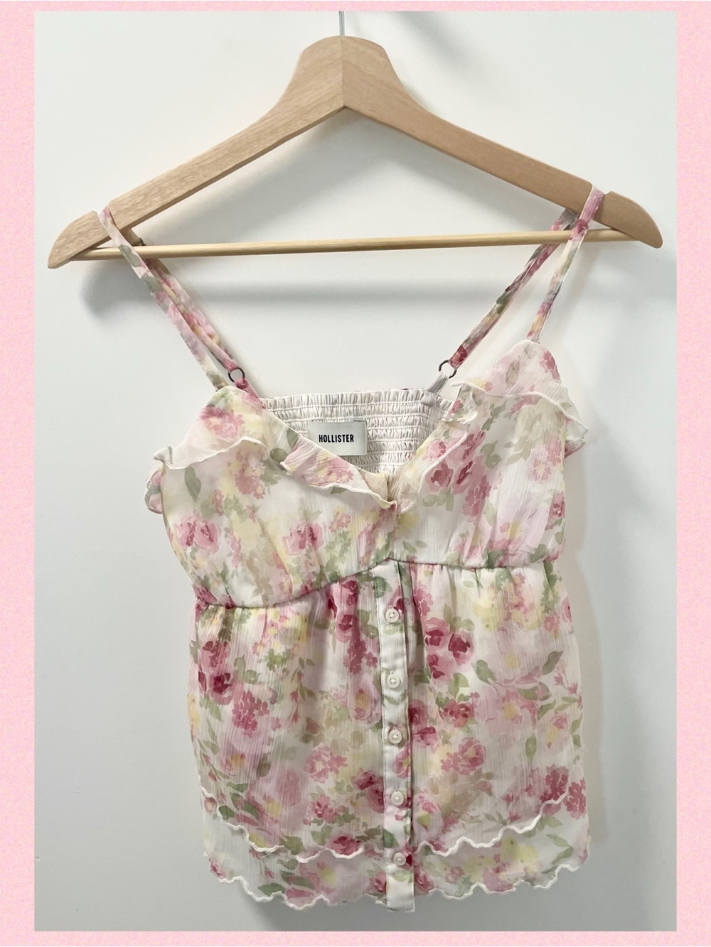 Hollister Floral Ruffle Camisole in White with Pink & Green Floral Print